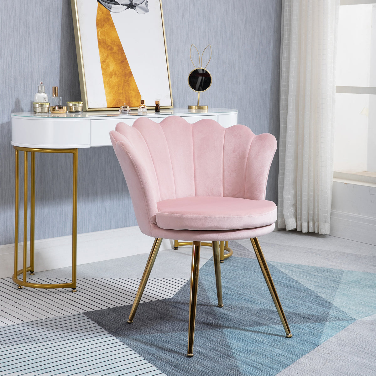 Fauteuil coquillage chaise coiffeuse fauteuil en velours avec pieds en métal doré rose poudré-1