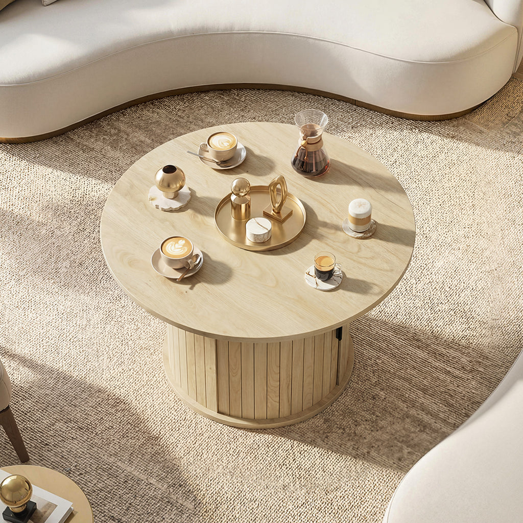 Table basse ronde, table de salon avec rangement, porte coulissante à lattes, 2 étagères, effet bois naturel-8
