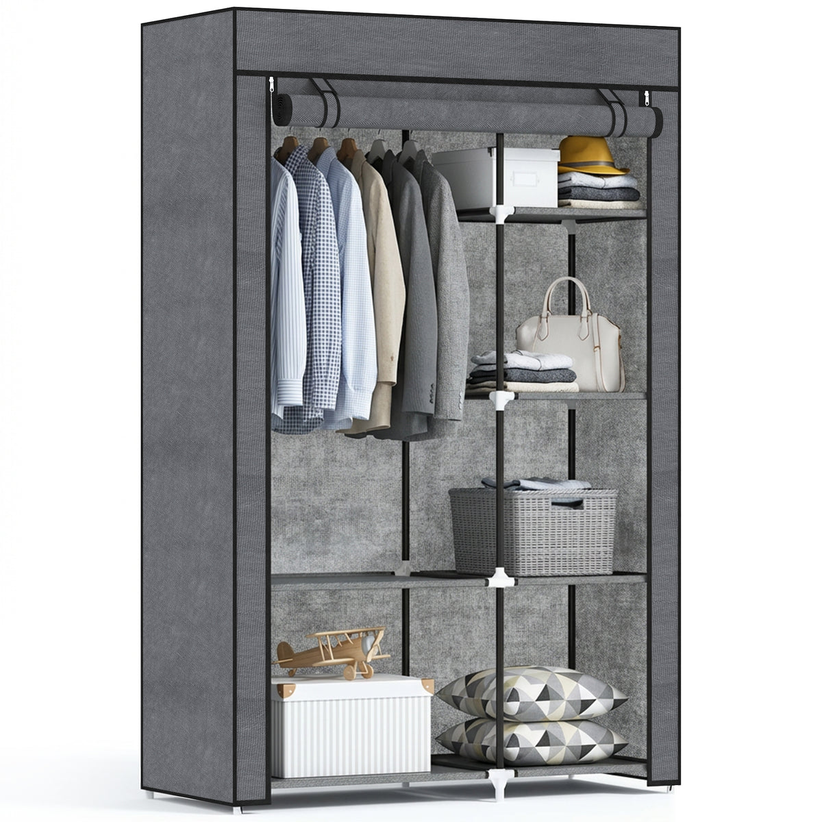 Armoire penderie multi-rangement - 6 étagères, 1 barre - non tissé gris-0