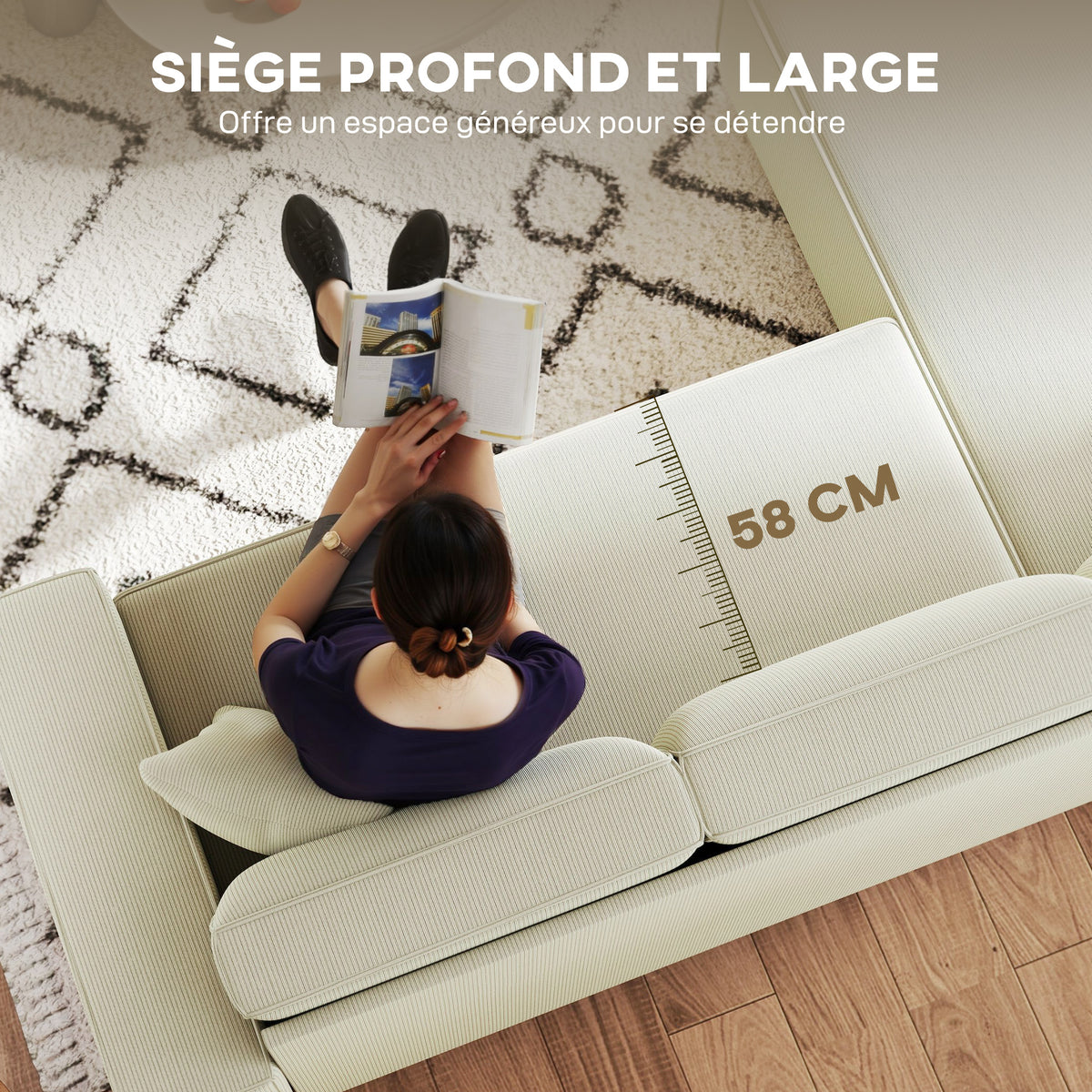 Canapé d'angle réversible 3 places moderne avec coussins inclus, tissu velours côtelé, crème-5