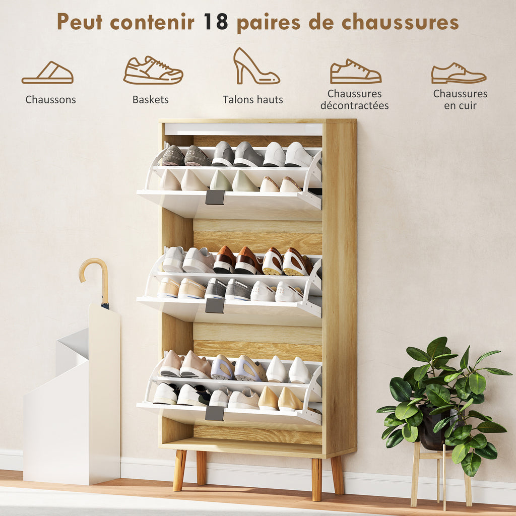 Meuble à chaussures, armoire à chaussures étroite, 3 tiroirs rabattables, porte haute brillante, 60x24x127cm, blanc-4