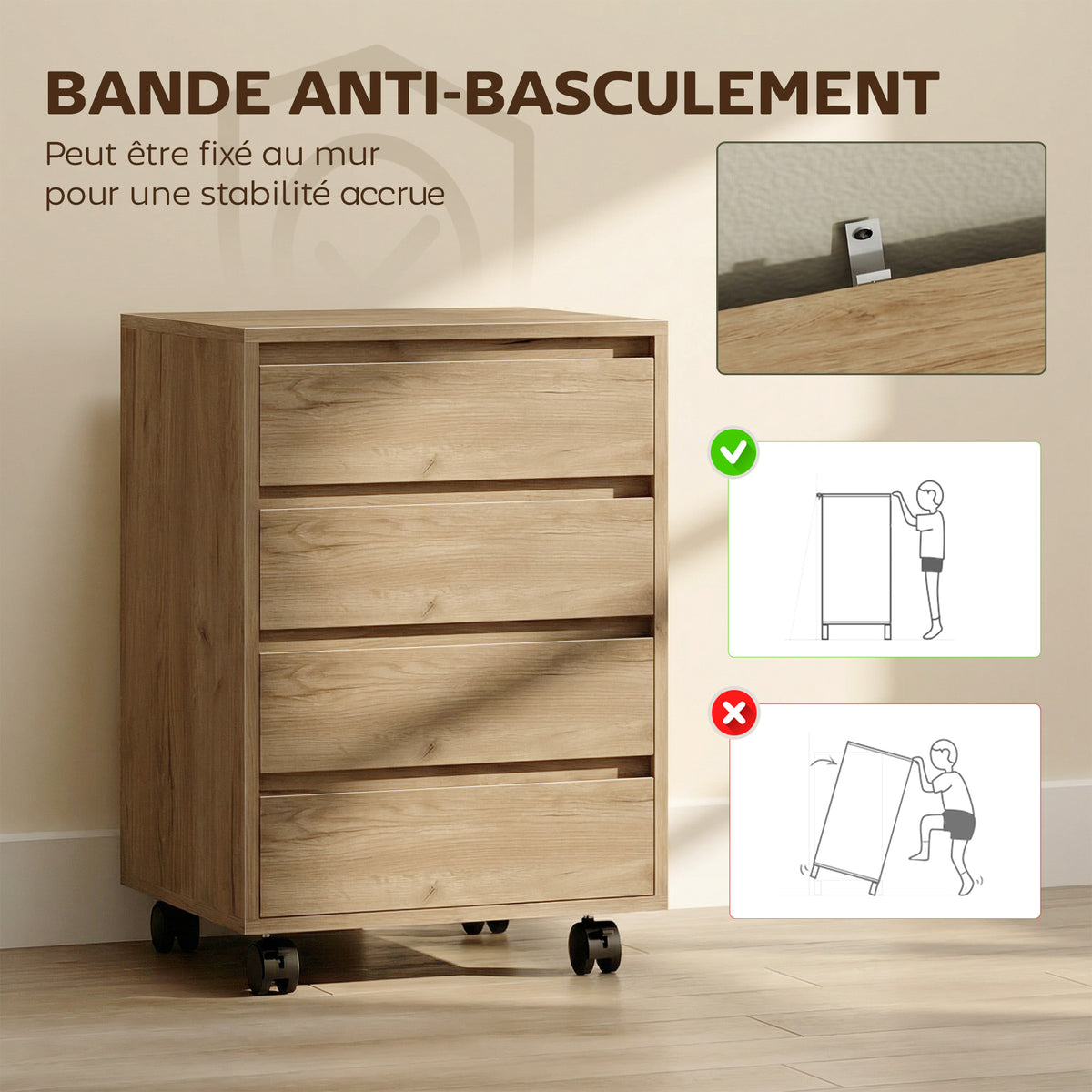 Caisson de bureau rangement bureau sur roulettes 4 tiroirs coulissants en bois aspect bois marron-5