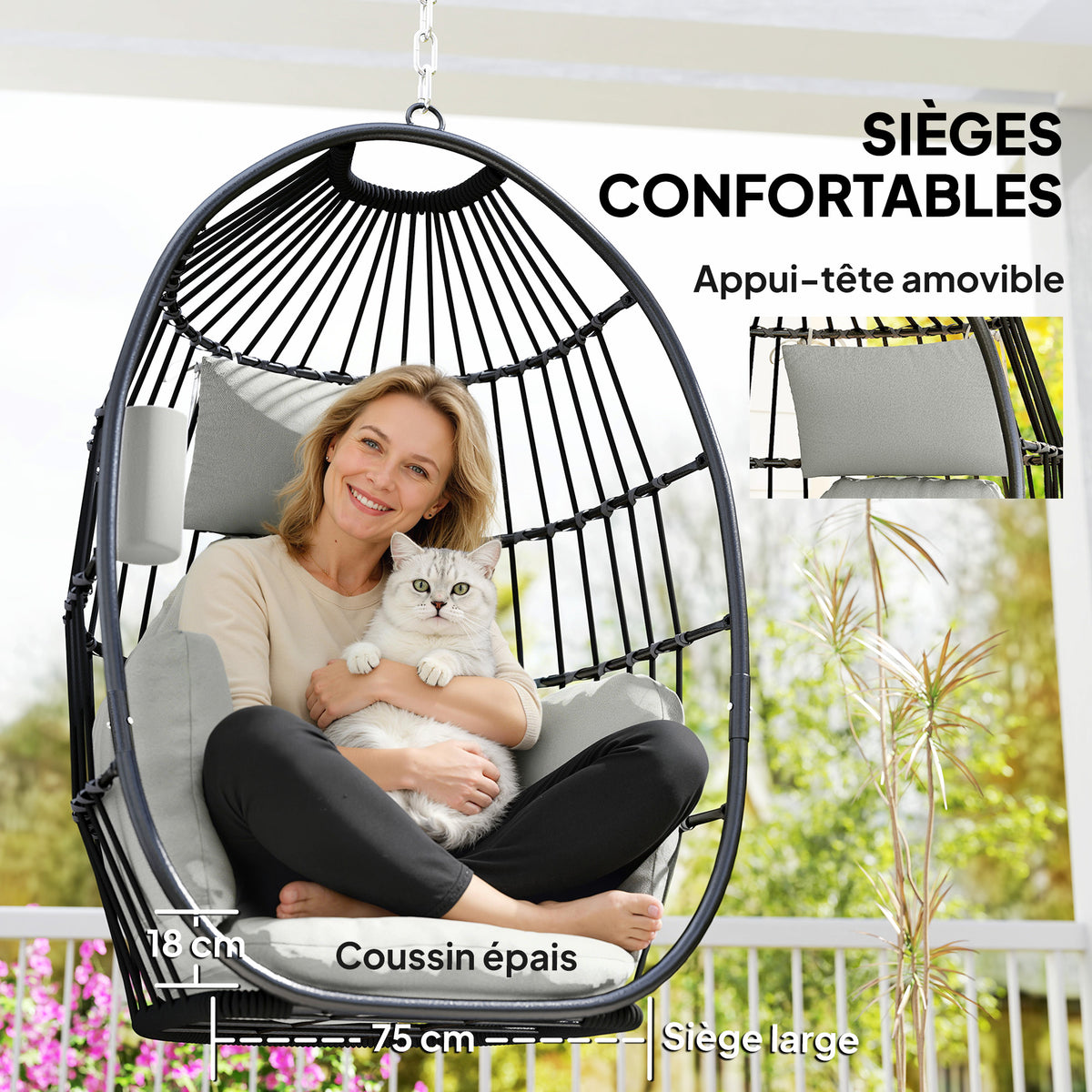 Fauteuil suspendu, fauteuil œuf suspendu, panier pliable, coussins rembourrés, porte-gobelet, oreiller, gris foncé-5