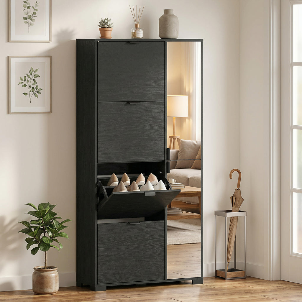 Meuble à chaussures 16 paires armoire à chaussures 4 tiroirs rabattables 2 portes en miroir étagères réglables noir-9