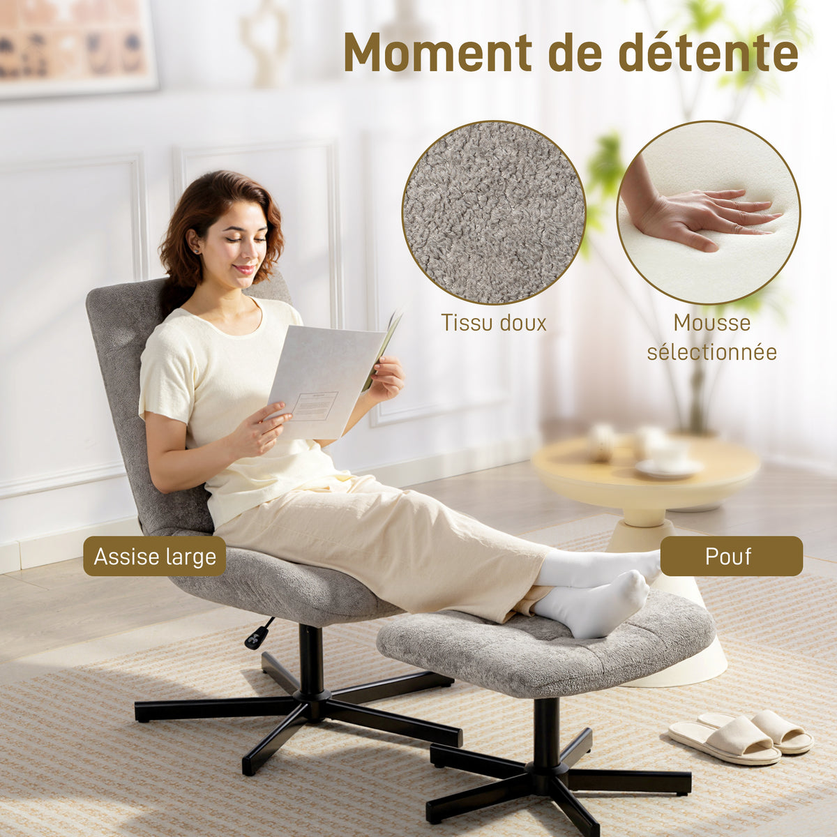 Fauteuil salon avec repose-pieds, chaise pivotante, hauteur réglable, dossier inclinable, 66 x 80 x 93-104 cm, gris-5