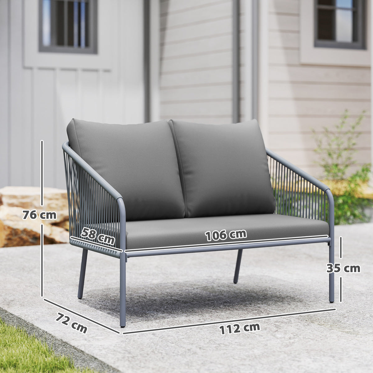 Canapé de jardin 2 places en résine tressée avec coussins canapé d'extérieur accoudoirs cadre en acier 112x72x76cm gris-2