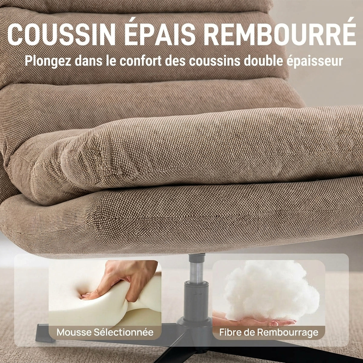 Fauteuil de Salon avec Repose-Pied Réglable, Rotation 360°, Fauteuil d'Appoint Capitonné en Lin, Assise Large, Marron-5