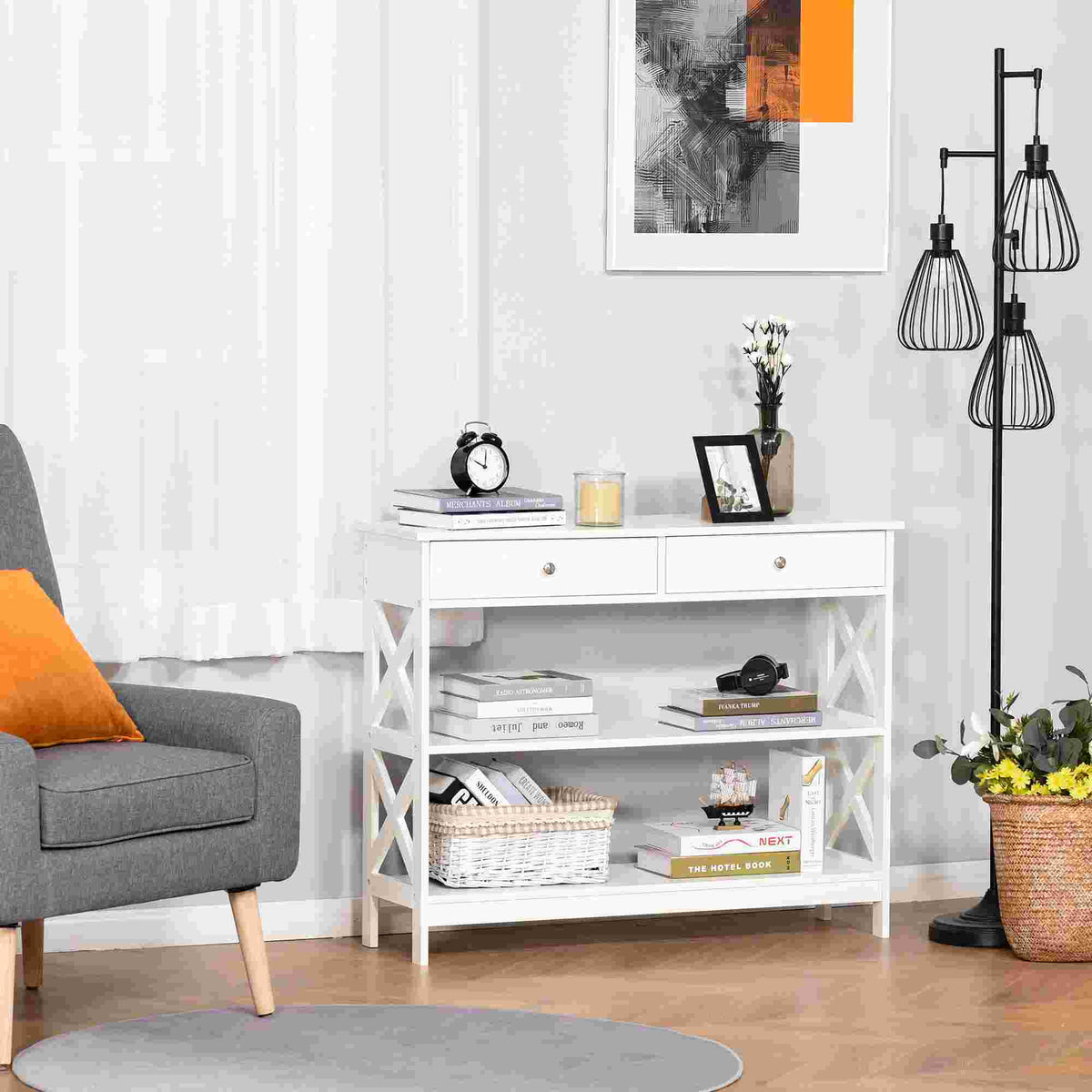 Table de console table d'entrée style table de drapier néo-rétro 2 tiroirs 2 étagères dim. 100L x 30,5l x 80H cm en bois blanc-1