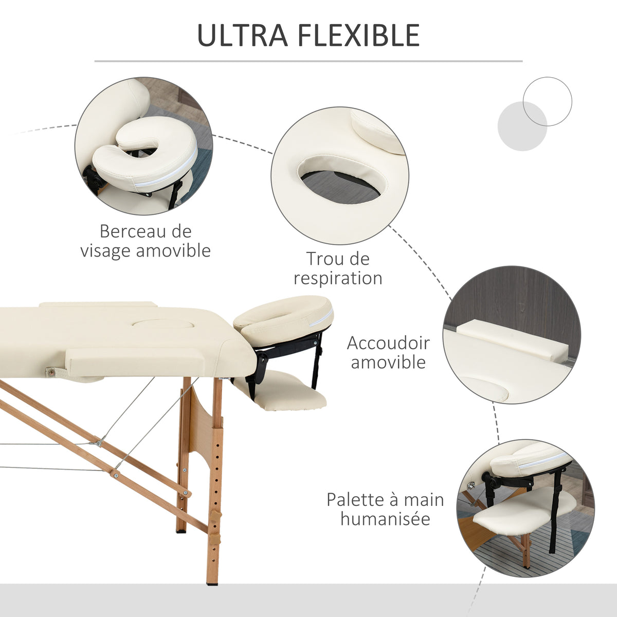 Lit/Table de Massage cosmetique Pliable en Bois 2 Zones crème-4