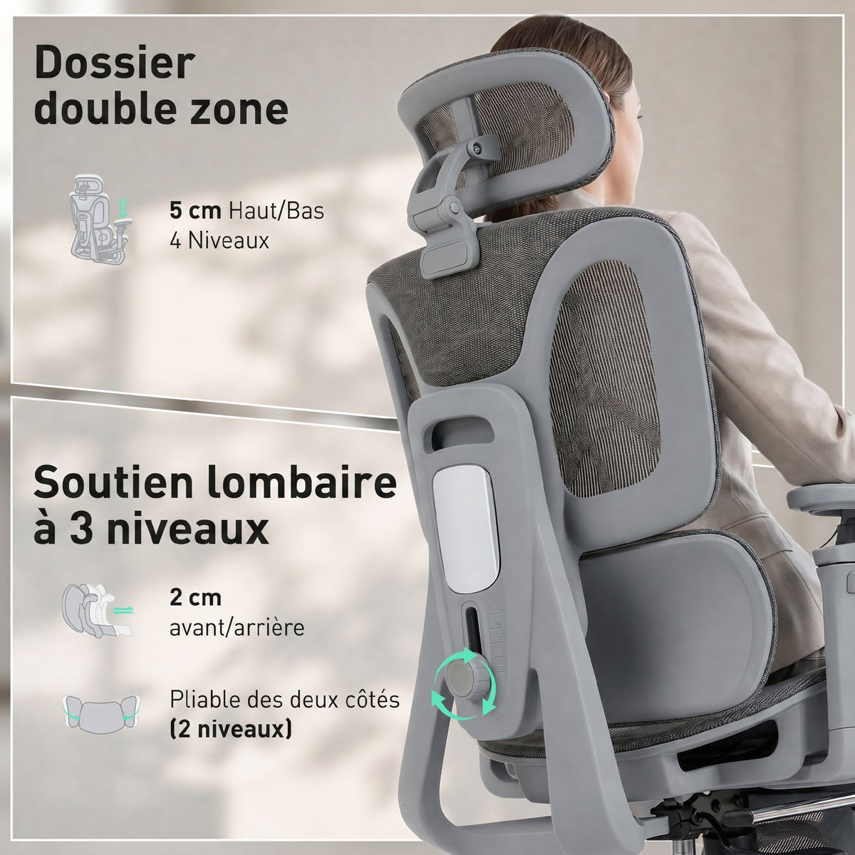 Chaise Bureau Ergonomique avec Accoudoirs 6D Appui-Tête et Profondeur d'Assise Réglables Maille Gris-4