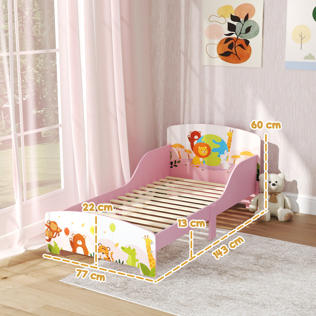 Lit Enfant 70x140 cm motif animal 140 x 70 cm avec sommier à lattes en bois design bas sécurisé rose-2