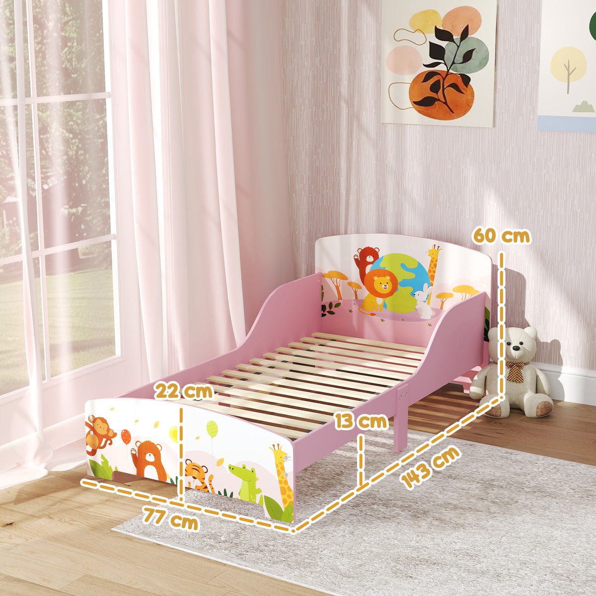 Lit Enfant 70x140 cm motif animal 140 x 70 cm avec sommier à lattes en bois design bas sécurisé rose-2