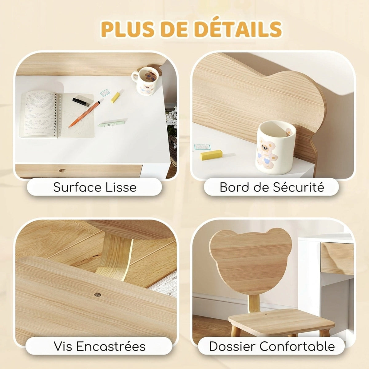 Bureau enfant avec chaise, table enfant et chaise avec tiroir et large plateau, 80 x 41 x 74,5 cm, bois naturel-5