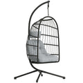 Fauteuil Œuf Suspendu Pliable avec Support Coussin 15cm et Appui-tête Gain de Place Résine Tressée 101x105x196cm Gris-0