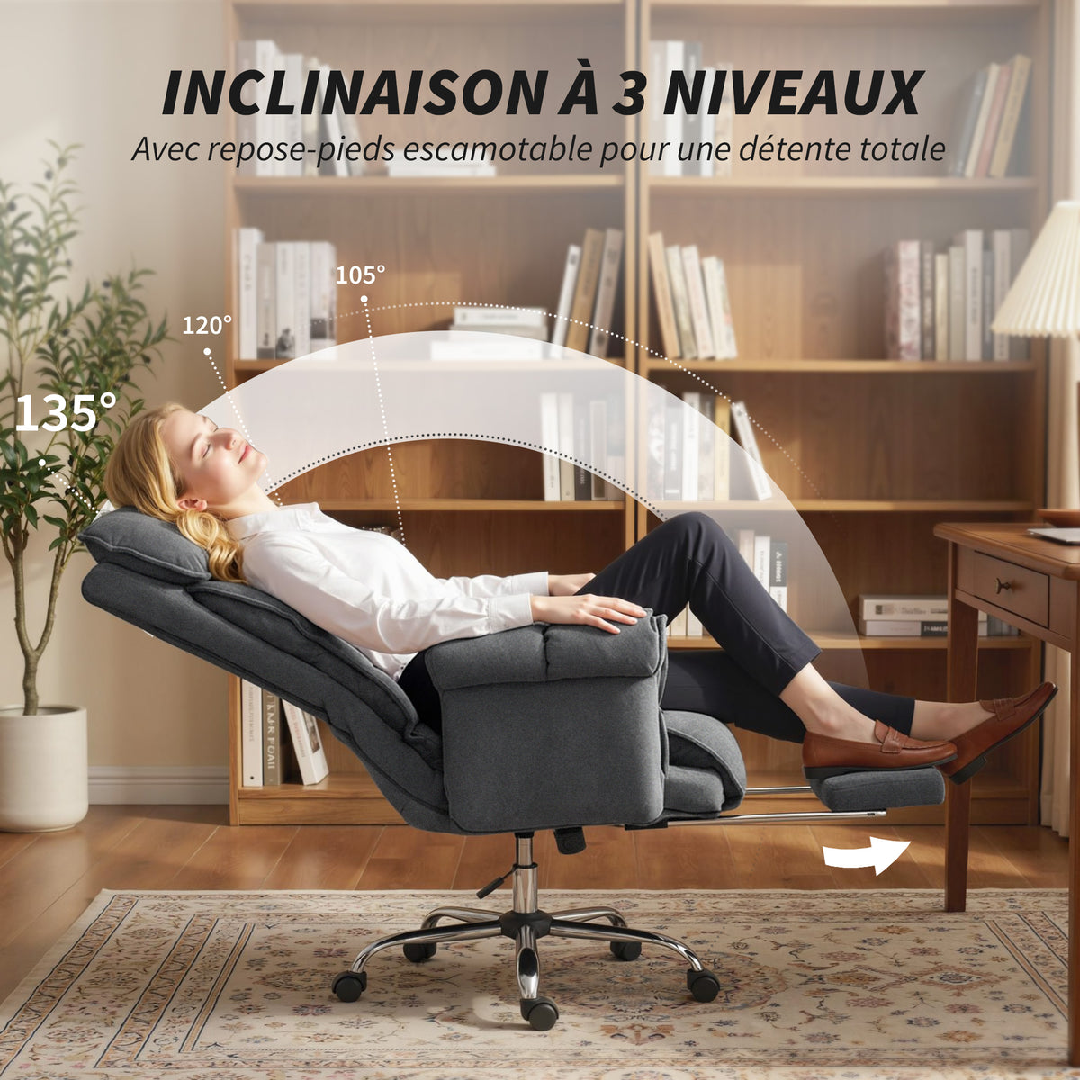 Chaise Bureau Ergonomique, Fauteuil de Bureau Inclinable, Hauteur Réglable, Appui-tête, Dossier Haut, Gris Foncé-5