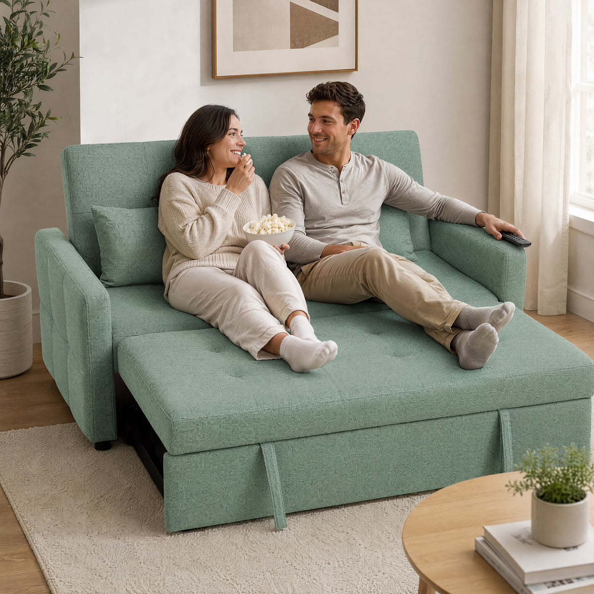 Canapé Convertible 2 Places 3 en 1, Canapé-Lit Clic Clac 160 cm, Dossier Réglable, Assise Large, 2 Oreillers, Vert-8