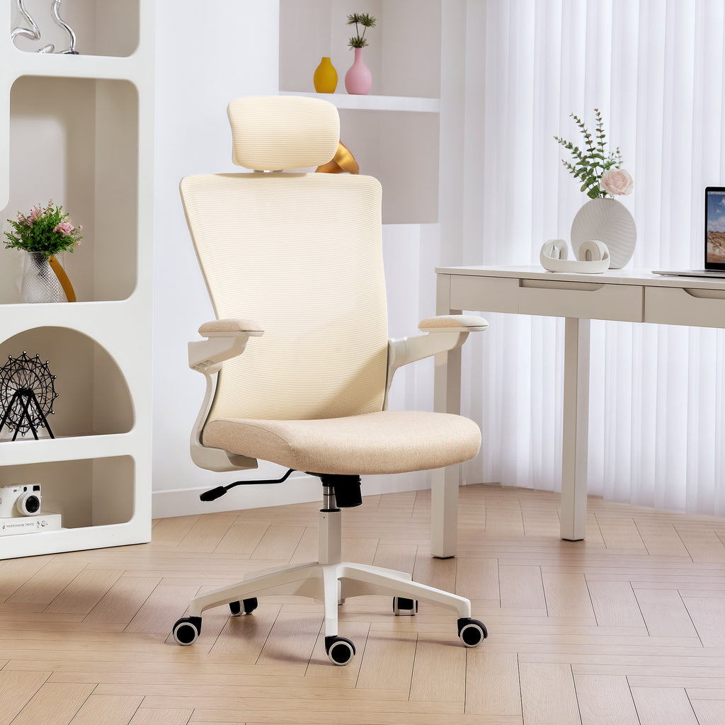 Chaise bureau ergonomique, fauteuil de bureau, accoudoirs relevables, soutien lombaire, appui-tête, 60x63x120cm, beige-1