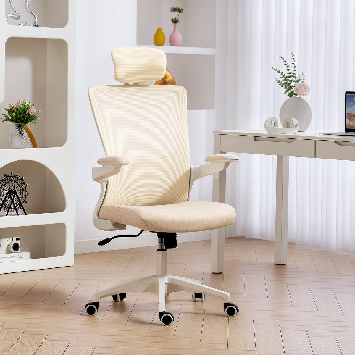 Chaise bureau ergonomique, fauteuil de bureau, accoudoirs relevables, soutien lombaire, appui-tête, 60x63x120cm, beige-1