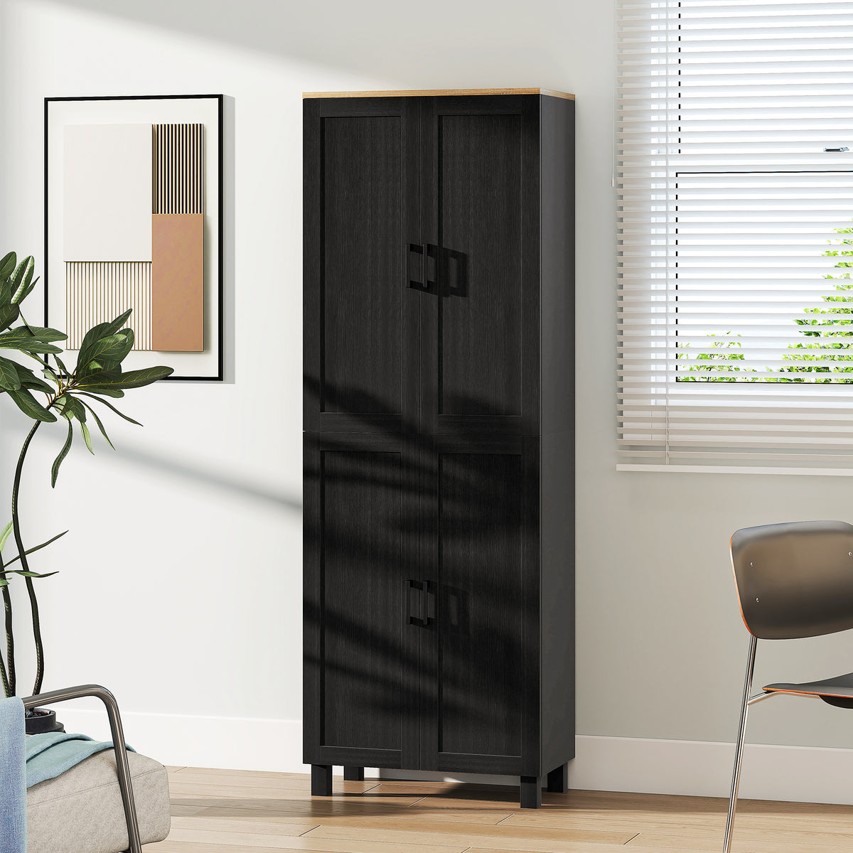 Armoire de cuisine hauteur 170 cm buffet haut avec 4 portes et étagères ajustable, design moderne, noir-8
