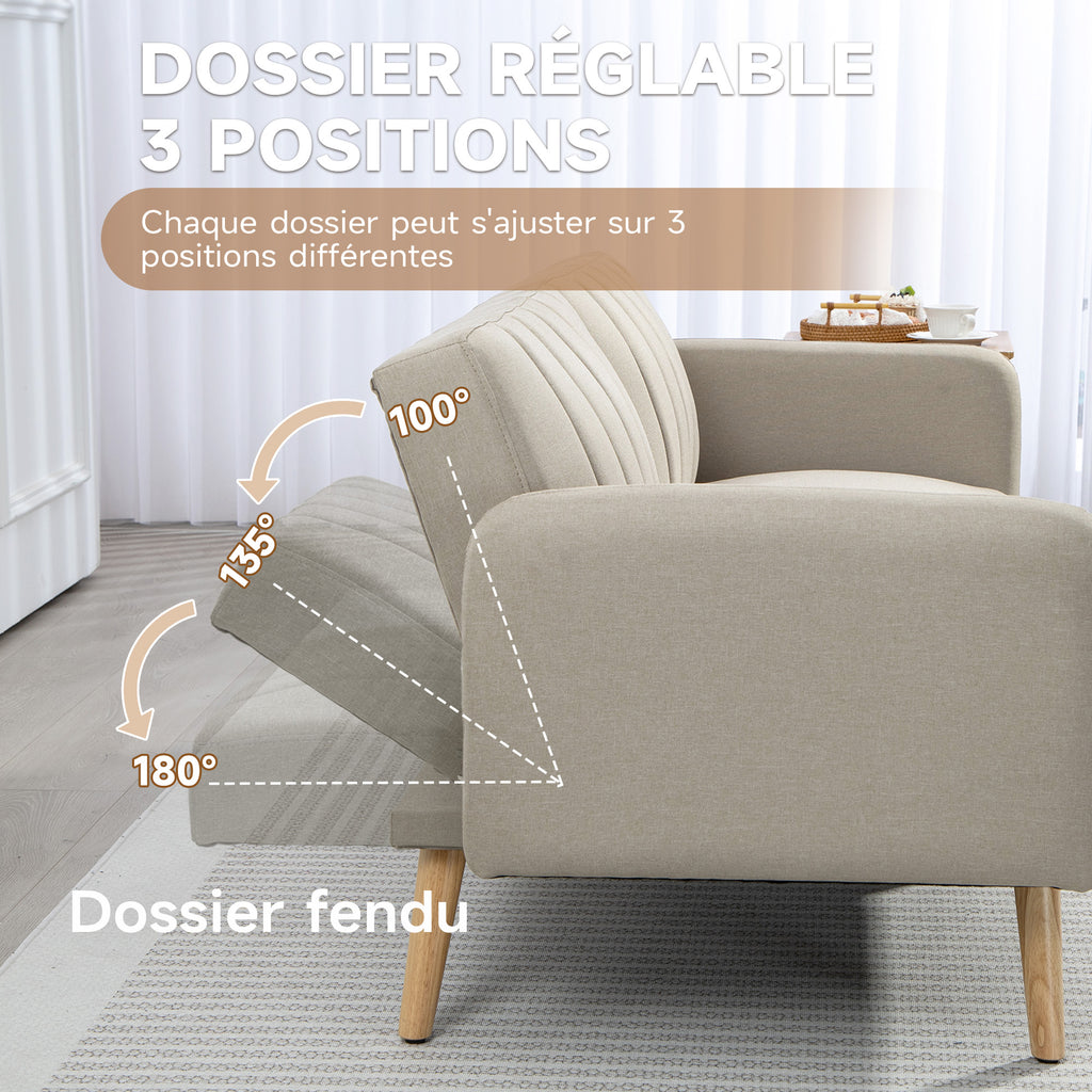 Canapé Convertible 2 Places Design scandinave Dossier inclinable 3 Positions Pieds Bois Tissu Aspect Lin Beige-4