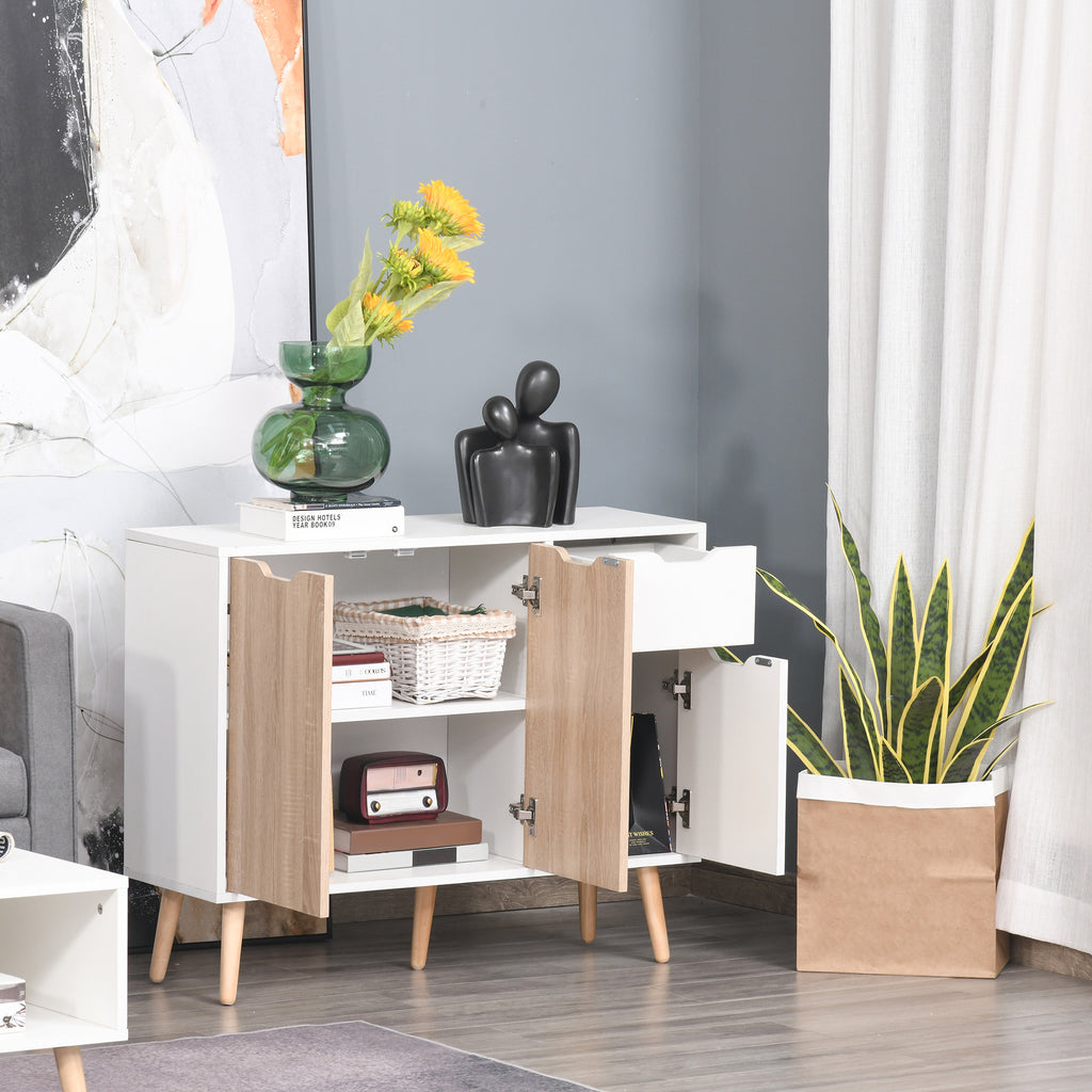 Buffet design scandinave 2 placards tiroir coulissant pieds bois massif pin panneaux particules blanc chêne clair-9