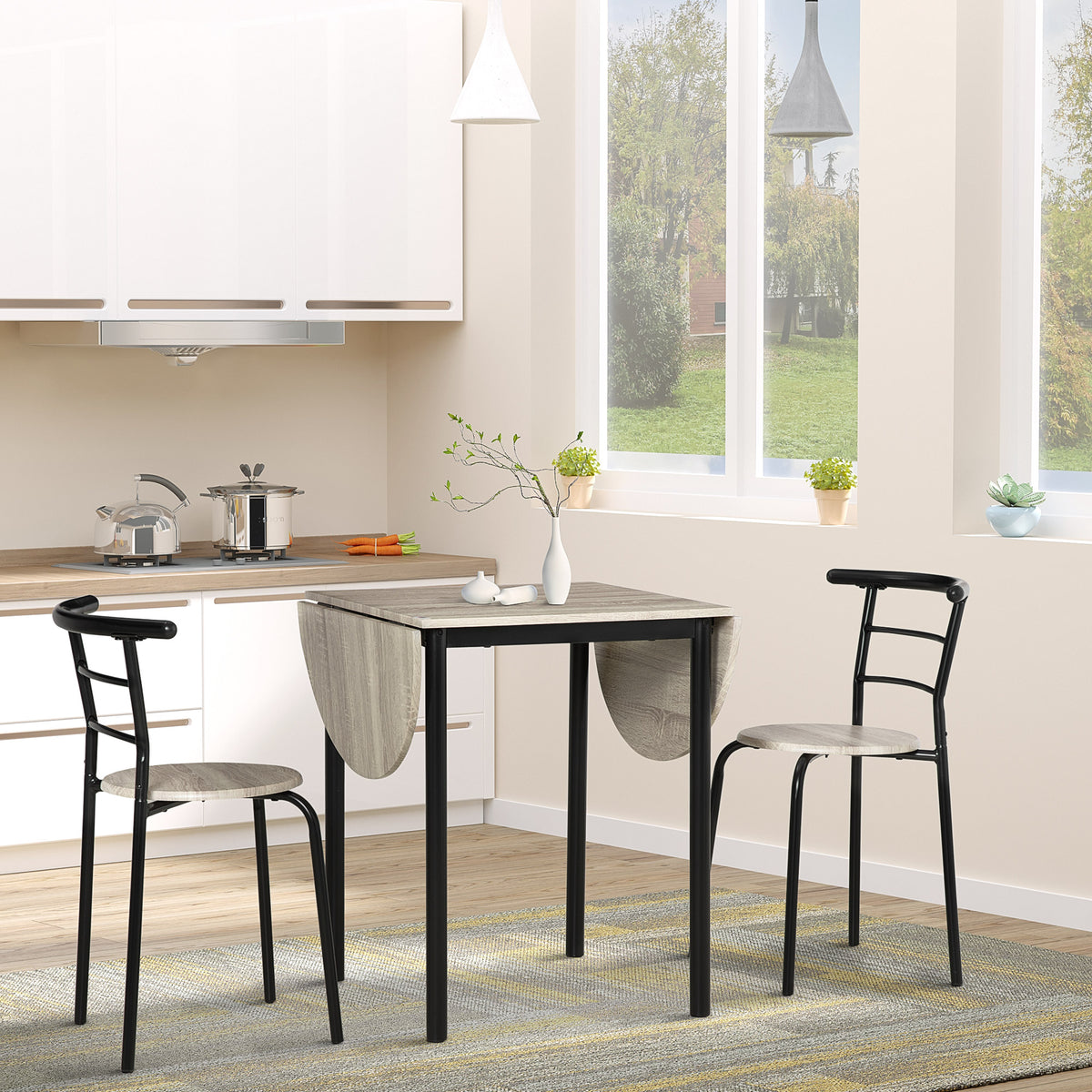 Ensemble table ovale extensible et 2 chaises - table à rabats - métal et MDF - noir et naturel-8