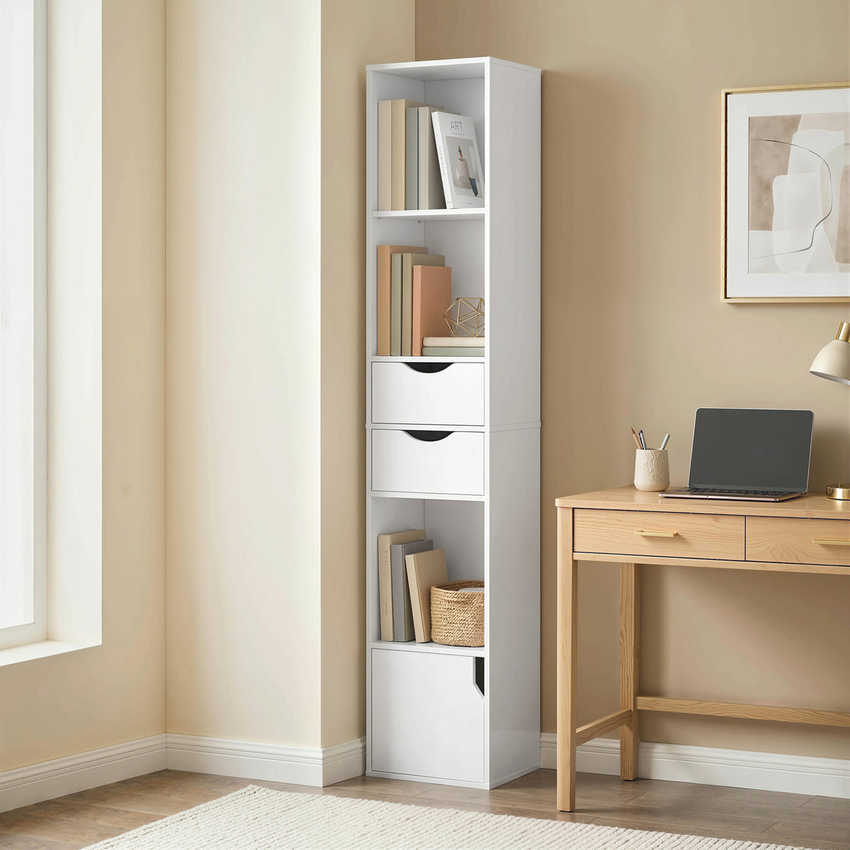 Bibliothèque étagère de rangement avec porte, 2 tiroirs, compartiments ouverts et étagère réglable, 30x24x158cm, blanc-1