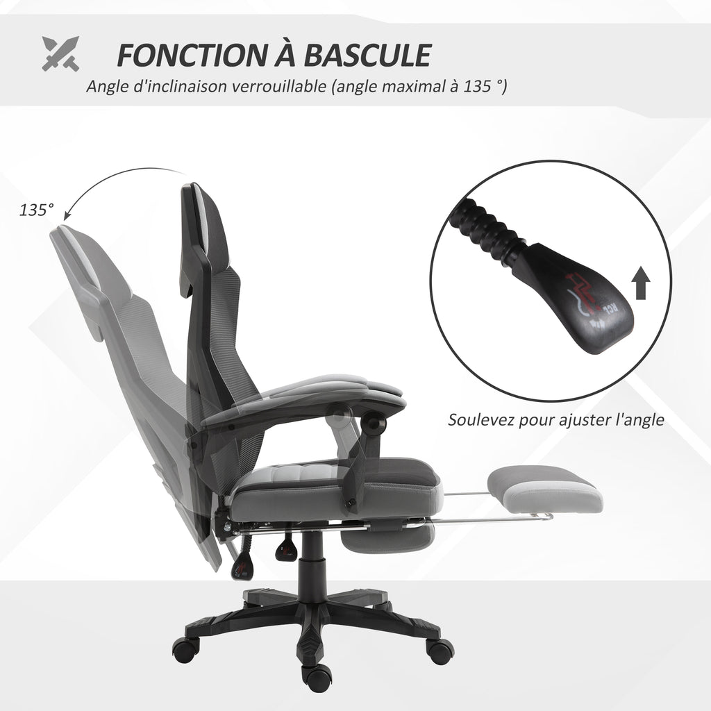 Chaise de bureau fauteuil gaming hauteur réglable dossier roulettes pivotantes repose-pied tissu en maille 58L x 63l x 112-122H cm gris noir-4