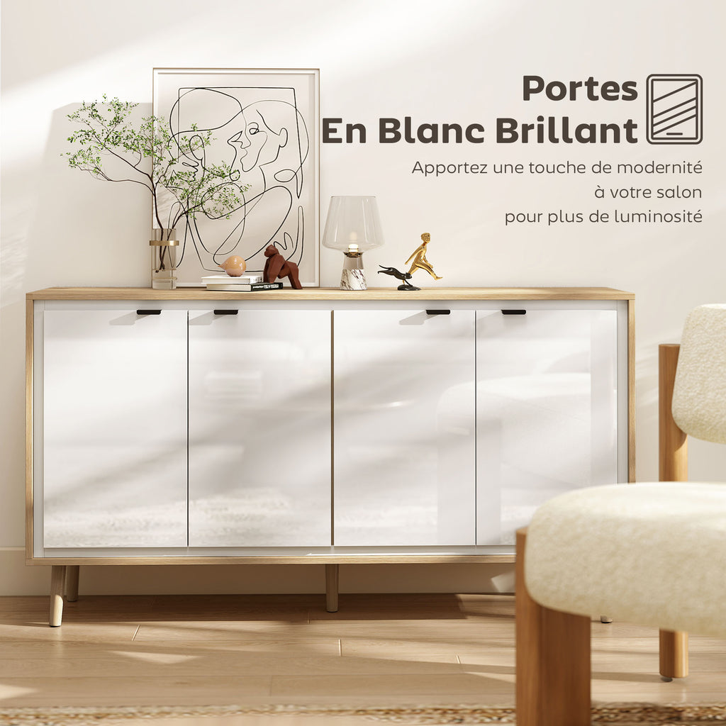 Buffet à haute brillance, meuble de rangement avec 4 portes, étagères réglables, 141 x 35 x 77 cm, blanc et chêne-3