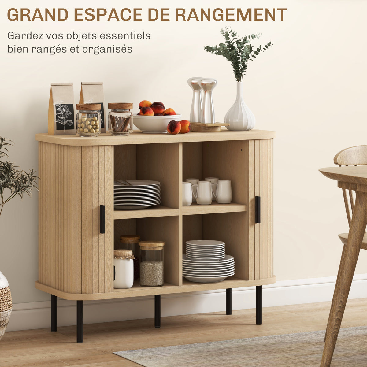 Buffet meuble de rangement avec portes coulissantes à lattes, armoire de cuisine avec pieds en acier, ton chêne-5