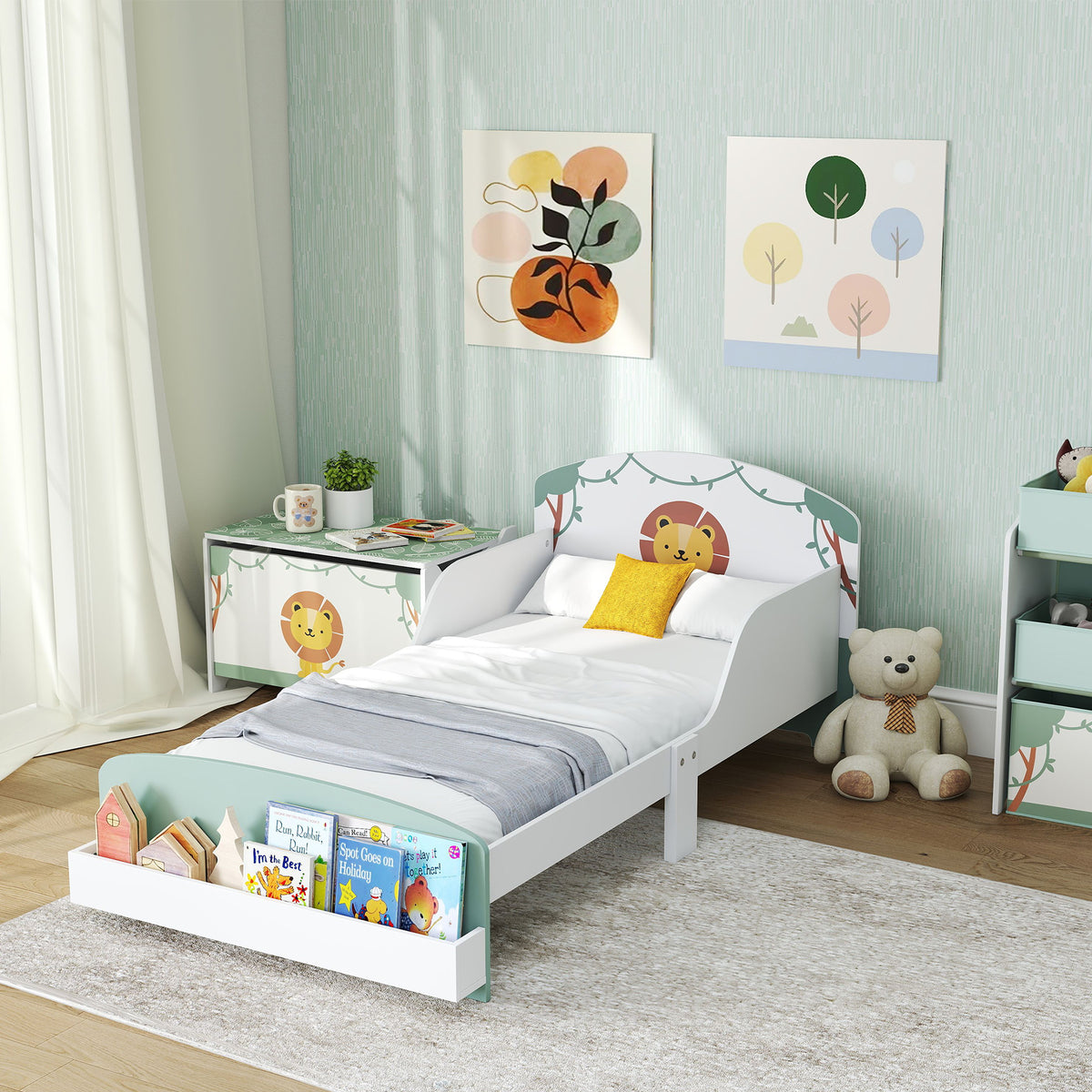Lit enfant 70 x 140 cm, lit pour enfant avec barriere de securite et sommier à lattes, espace de rangement, vert-9
