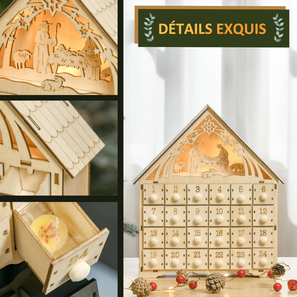 Calendario dell’Avvento in legno con 24 cassetti e presepe LED