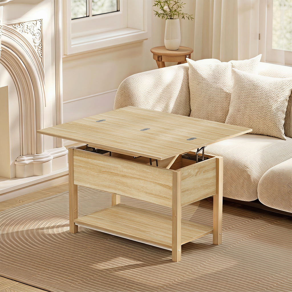 Table basse relevable et extensible table de salon avec compartiment caché étagère ouverte 100x45x50,5cm bois naturel-1