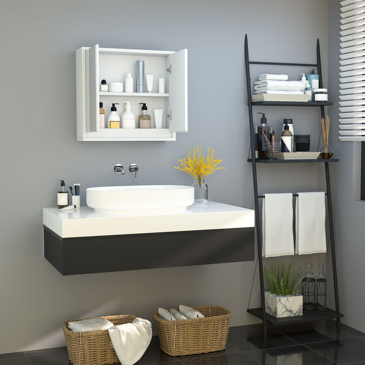 Armoire Murale Miroir Salle de Bain 2 étagères dim. 48L x 14l x 45H cm Panneaux Particules MDF Blanc-6