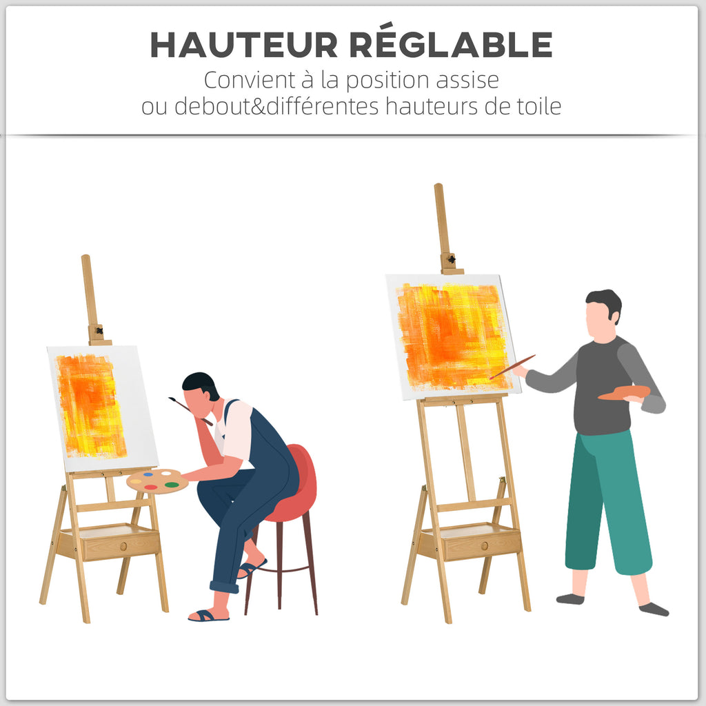 Chevalet en bois sur pied chevalet d'artiste avec tiroir intégré hauteur réglable jusqu'à 92 cm coloris naturel-3