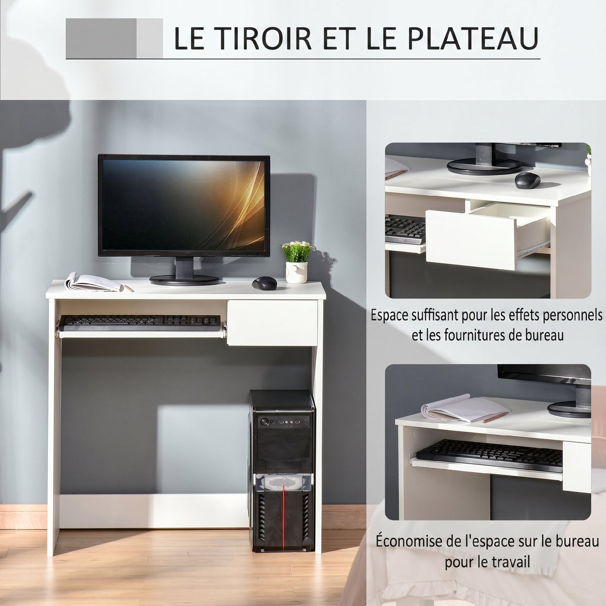Bureau d'Ordinateur, 80 x 45 x 75 cm, Bureau avec Rangement, Plateau pour Clavier et Tiroir, Blanc-3