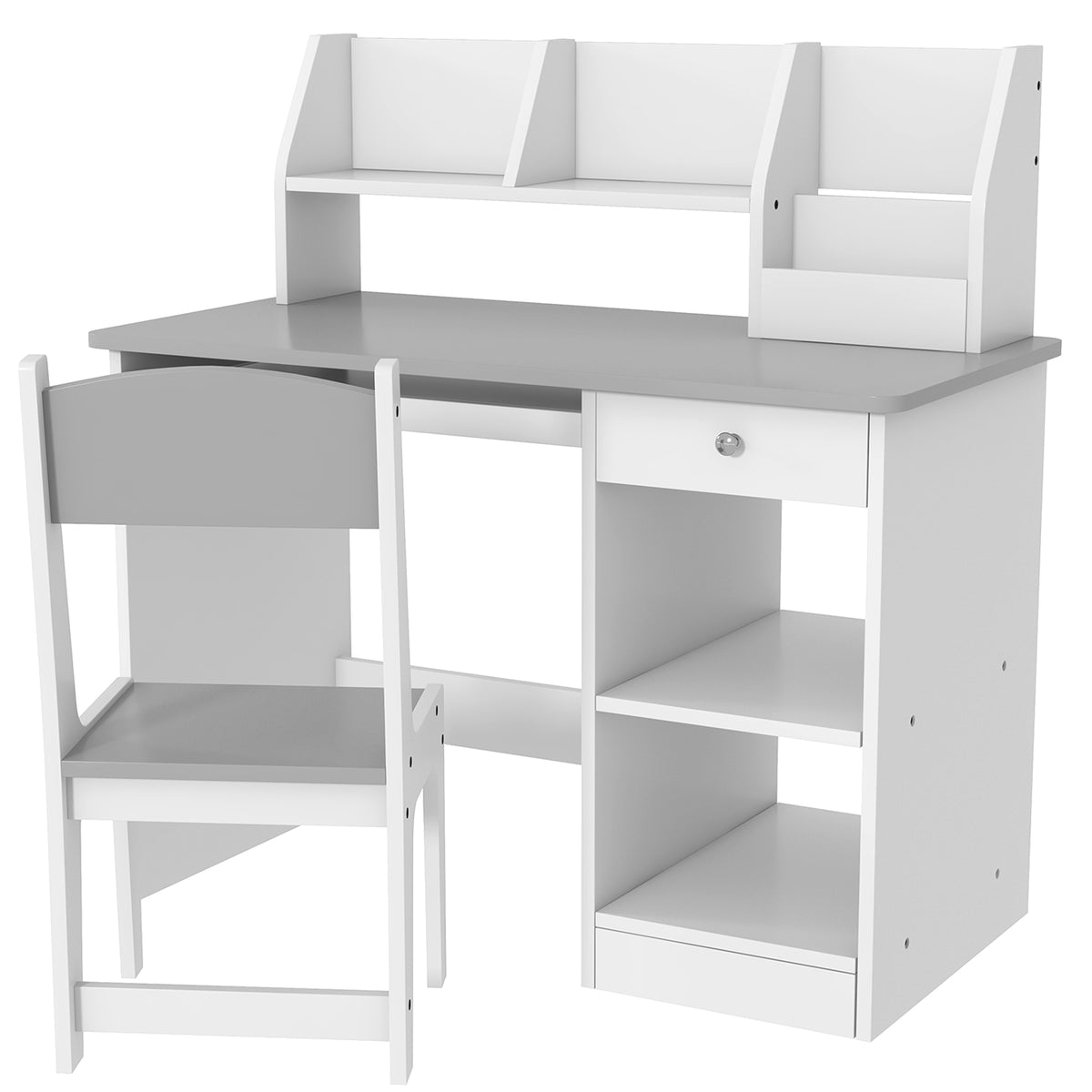 Bureau enfant avec chaise ergonomique avec clavier coulissant tiroir niches et étagères ouvertes 90 x 45 x 90 cm gris-0