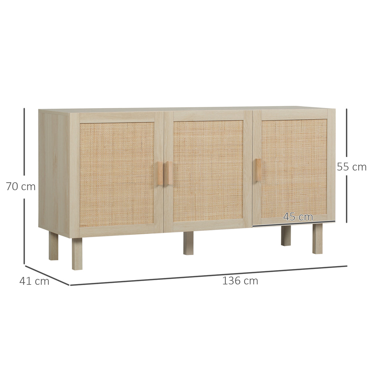 Buffet Meuble de Rangement Placard 3 Portes avec étagère réglable Effet cannage Style bohème - 136 x 41 x 70 cm-2