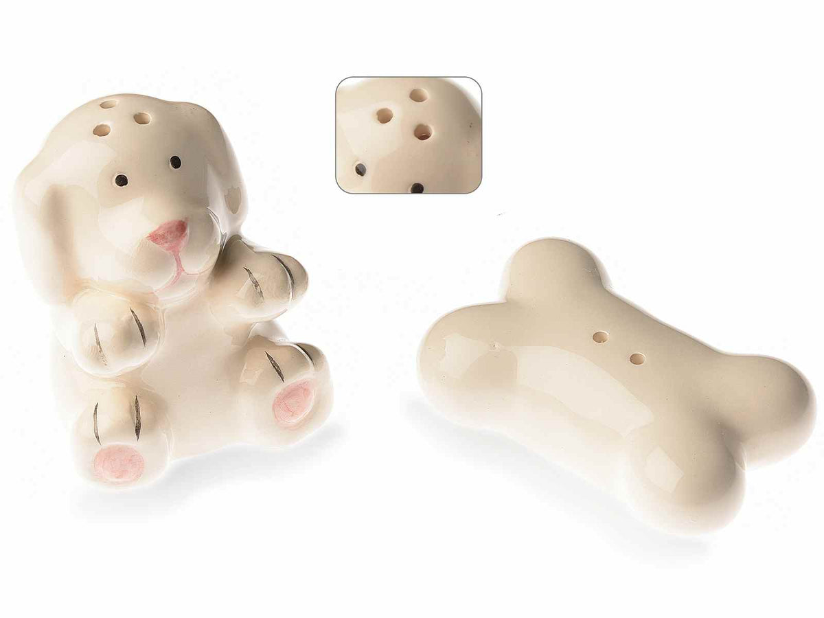 SET SALE & PEPE IN CERAMICA A FORMA DI CANE CON OSSO