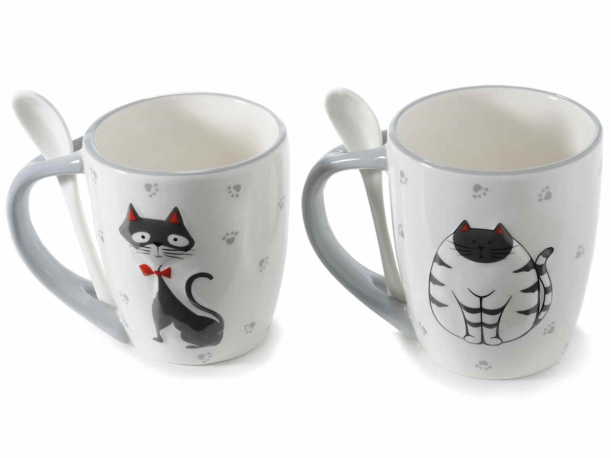 TAZZA MUG IN CERAMICA CON CUCCHIAINO & DECORO GATTI