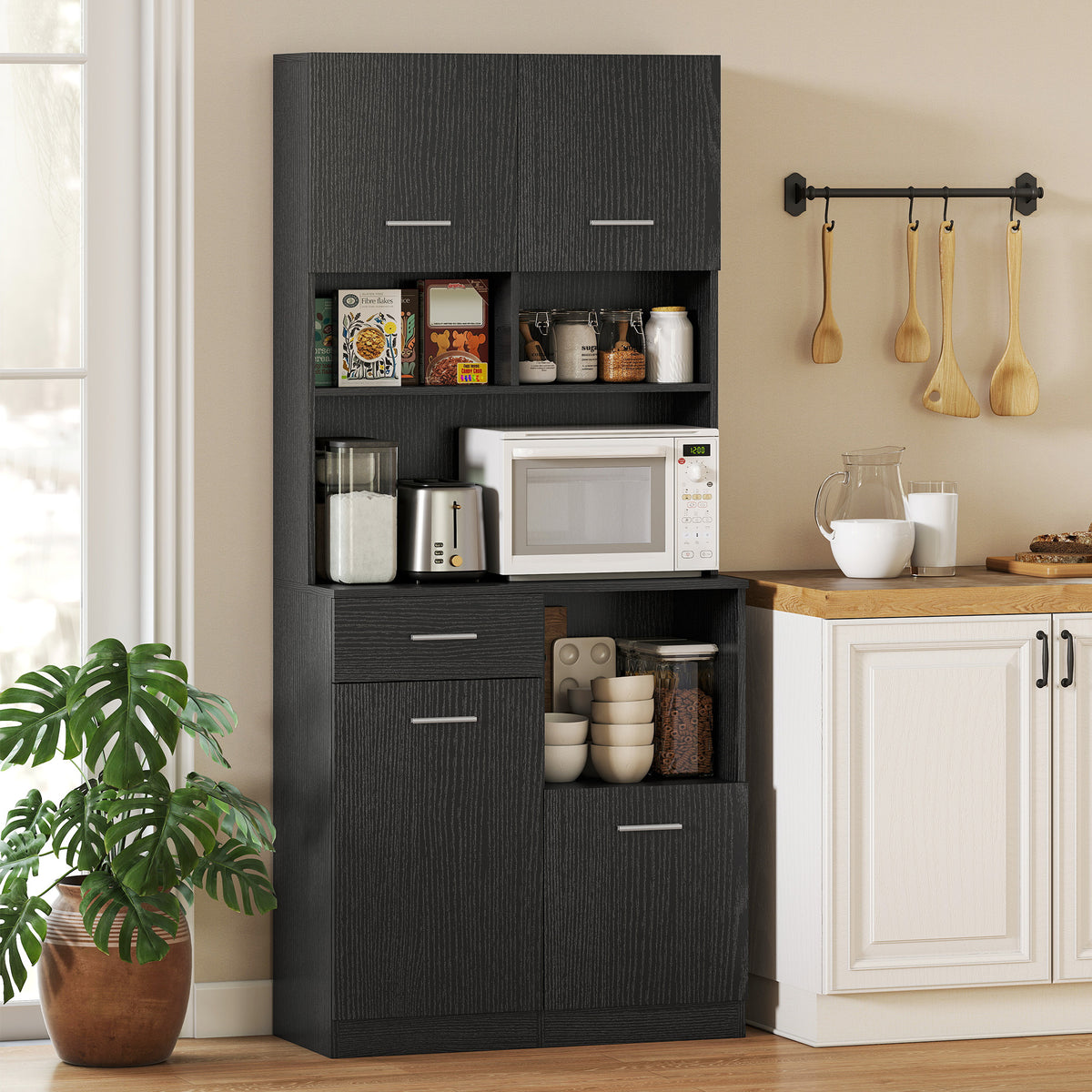 Buffet Haut Cuisine, Armoire de Cuisine avec 4 Portes à Fermeture Douce, Tiroir et Étagères Réglables, Noir-1