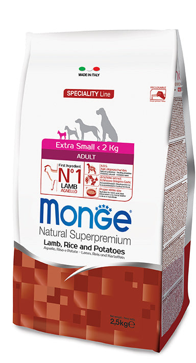 MONGE SPECIALITY LINE EXTRA SMALL ADULT AGNELLO RISO & PATATE 2,5 KG.