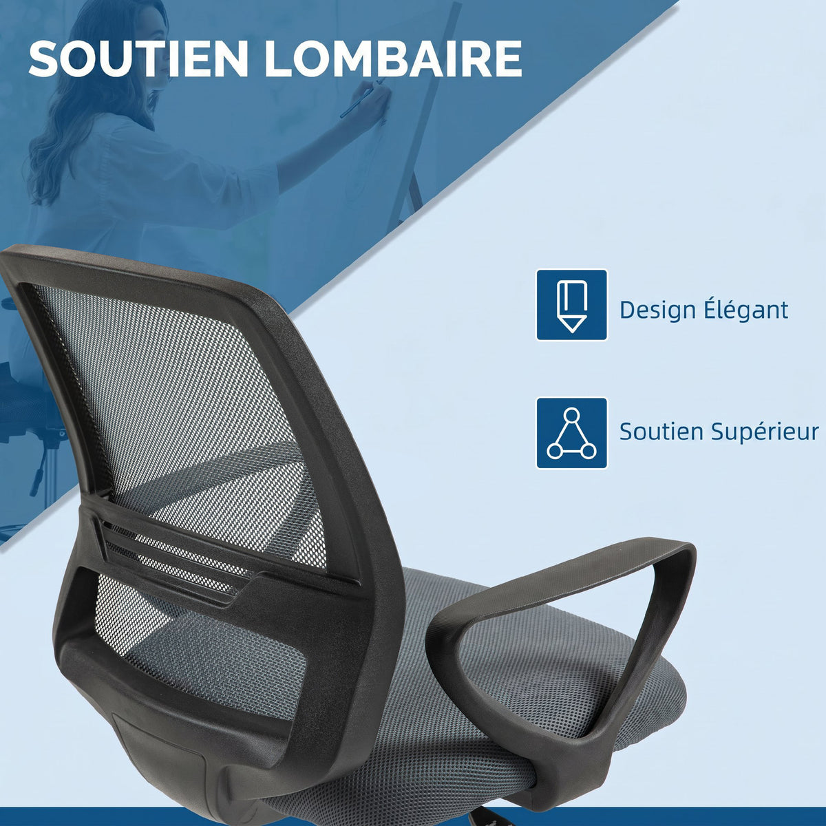 Fauteuil de bureau chaise de bureau assise haute réglable tabouret de bureau pivotant 360° maille respirante-4