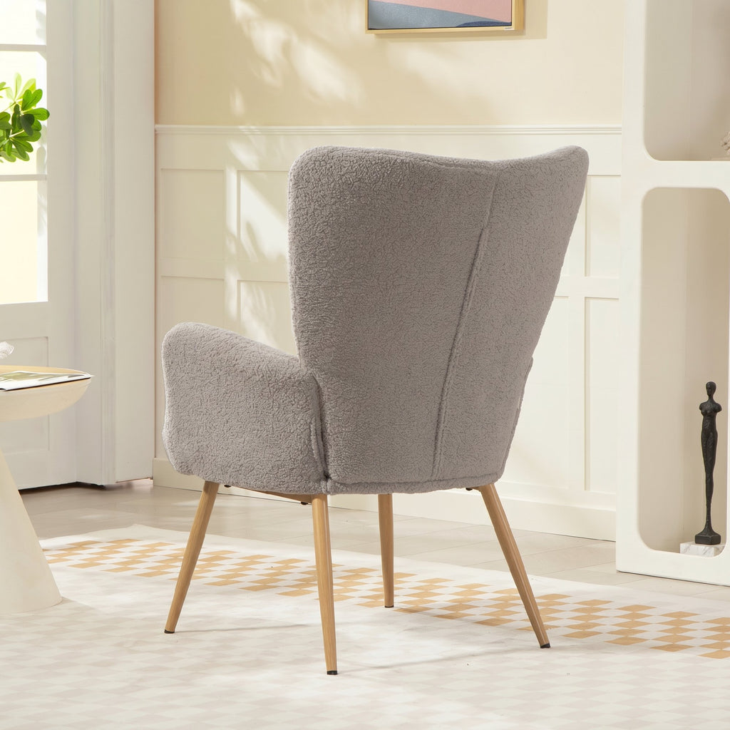 Fauteuil salon, fauteuil d'appoint rembourré en tissu bouclette avec haut dossier et accoudoirs, 71x74x97,5cm, gris-8