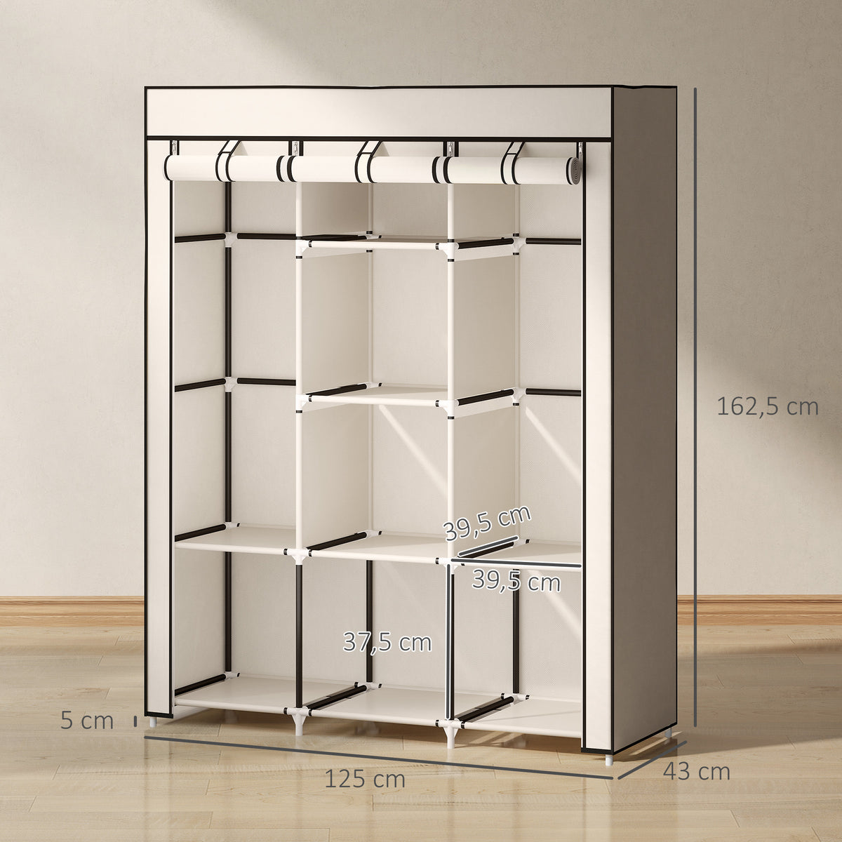 Armoire penderie multi-rangement - 8 étagères, 2 barres - non tissé crème-2