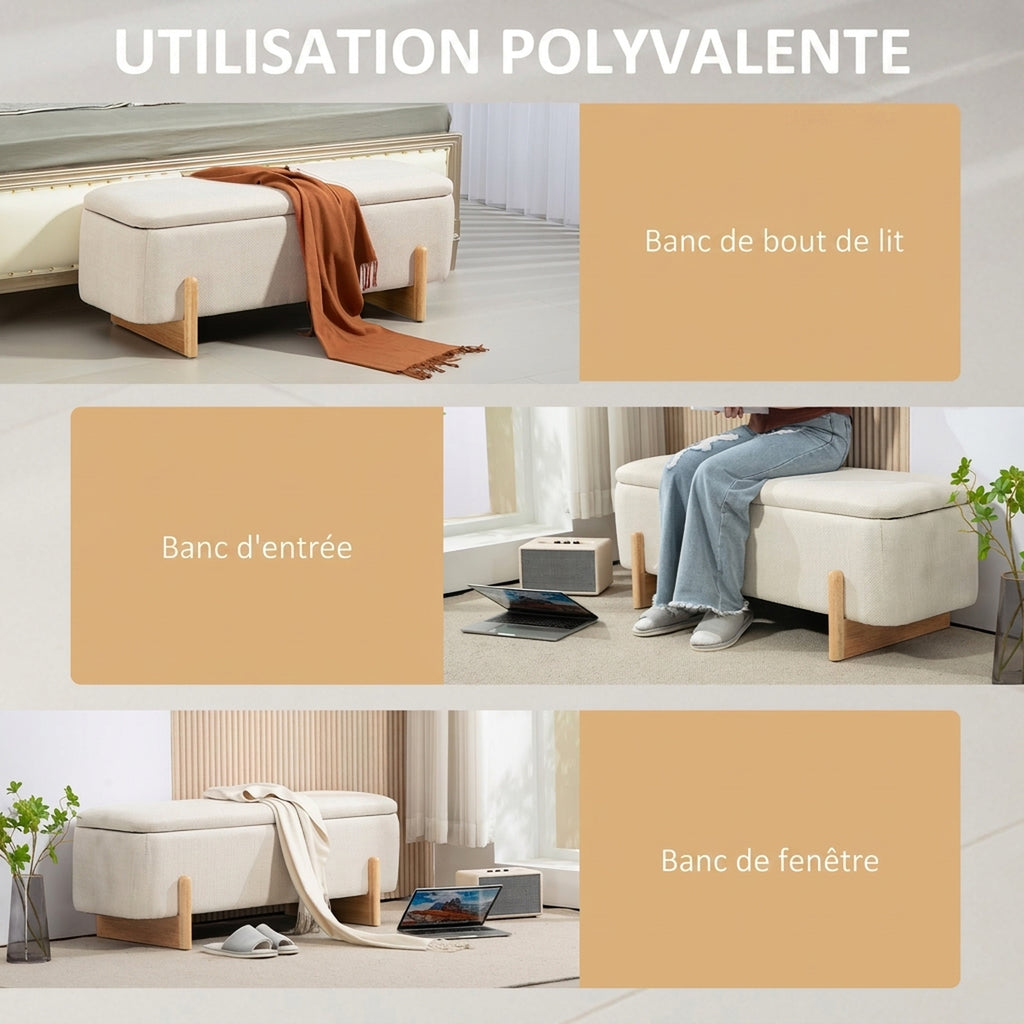 Banc de Rangement, Bout de Lit Rembourré, Charnières de Sécurité, Pieds Forme U en Bois d'Hévéa Stable, Crème-6