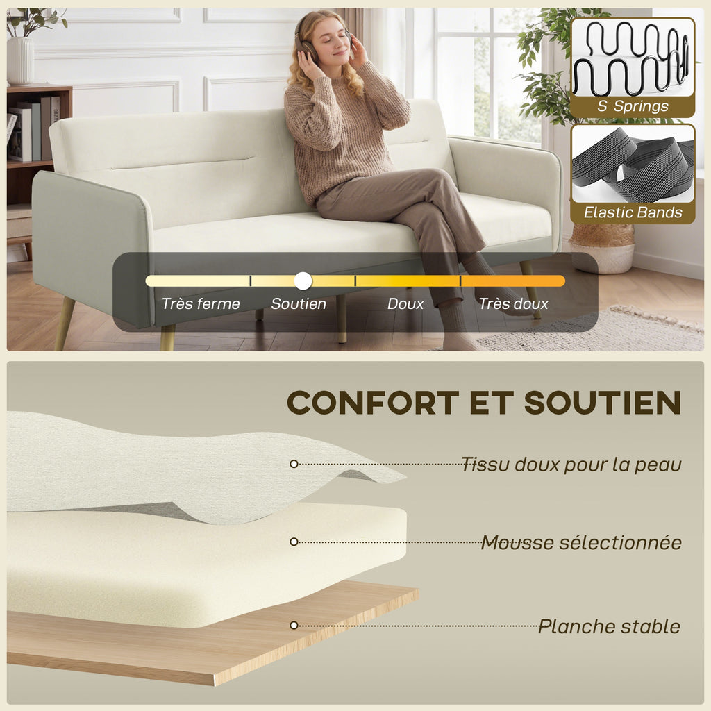 Canapé convertible 3 places 3 en 1, canapé-lit clic-clac, dossier réglable, assise rembourrée, 185 x 84 x 83 cm, beige-5