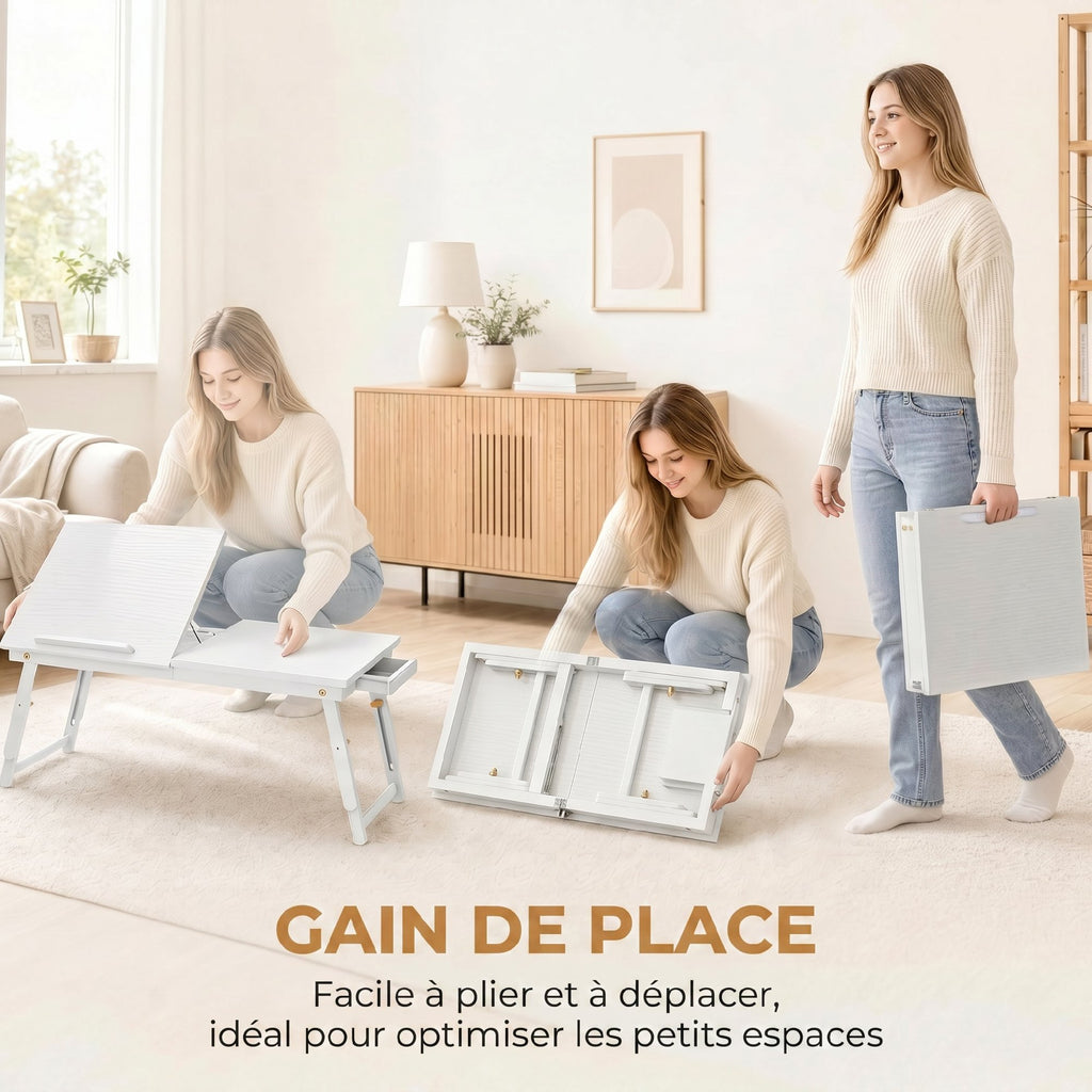 Table de lit pliable et réglable, plateau de lit pour ordinateur portable en bambou plateau inclinable 83,5x33x34cm blanc-5