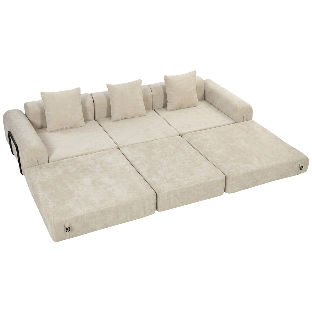 Canapé-Lit Pliable 245 cm, Canapé Compressé 3 Places Modulaire en Chenille avec Assise large, 3 Coussins, Beige-0