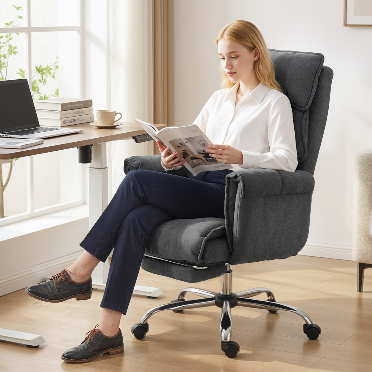 Chaise Bureau Ergonomique, Fauteuil de Bureau Inclinable, Hauteur Réglable, Appui-tête, Dossier Haut, Gris Foncé-9